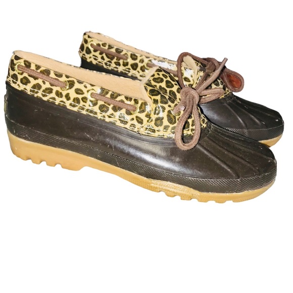 Sperry Waterproof Leopard Print Brown Slip On Duck Boots, 8 - Picture 8 of 10